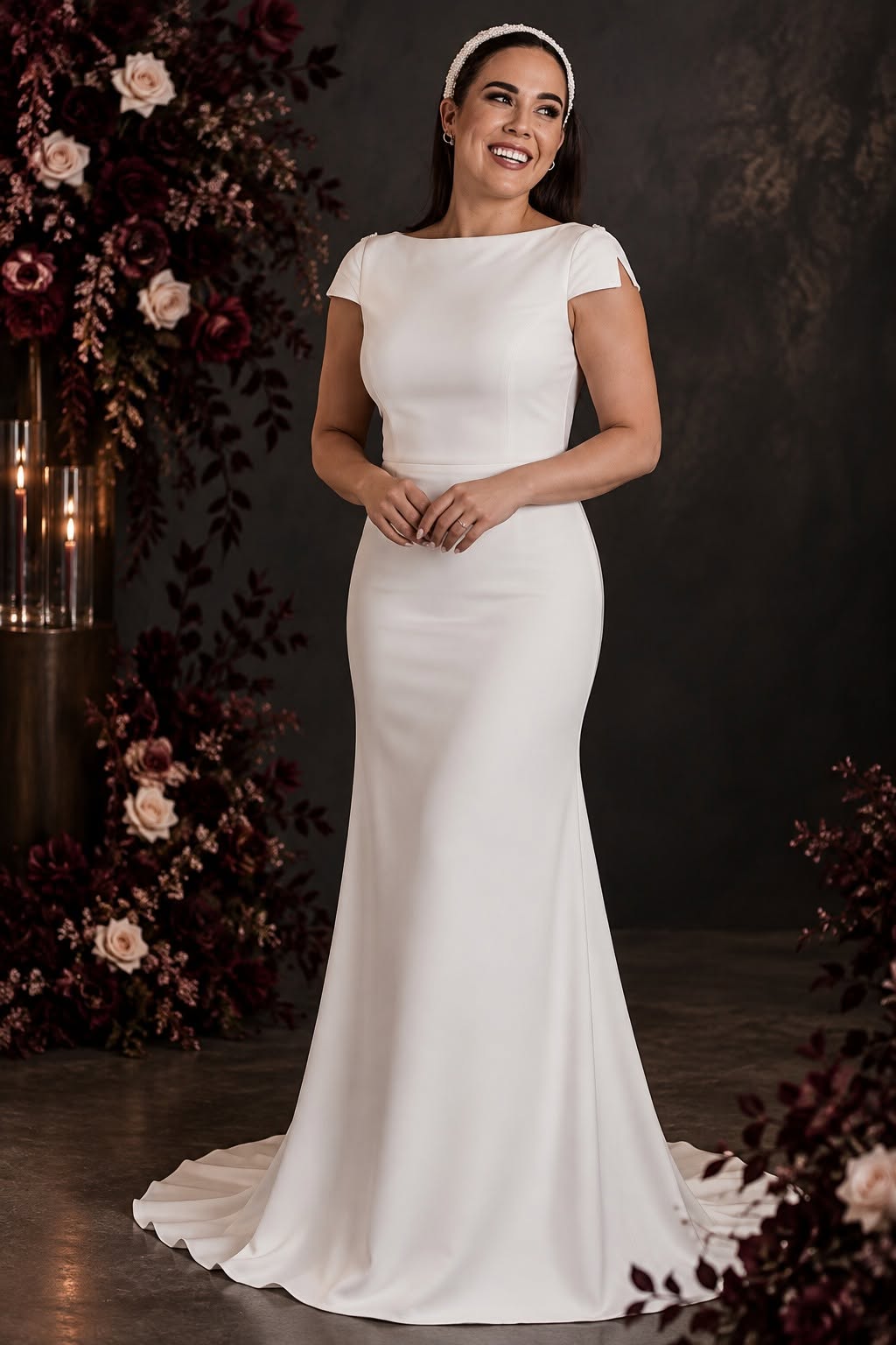 dominique Elegant off-white wedding dress featuring a structured crepe sweetheart bodice with statement shoulder ties and a full botanical lace A-line skirt with a beautiful flowing train.