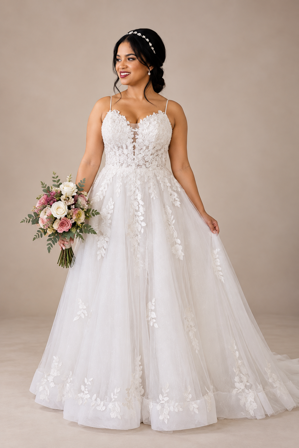 URSULA Elegant fitted crepe gown with a lace sweetheart bodice, flattering ruching, thigh-high slit and graceful train.