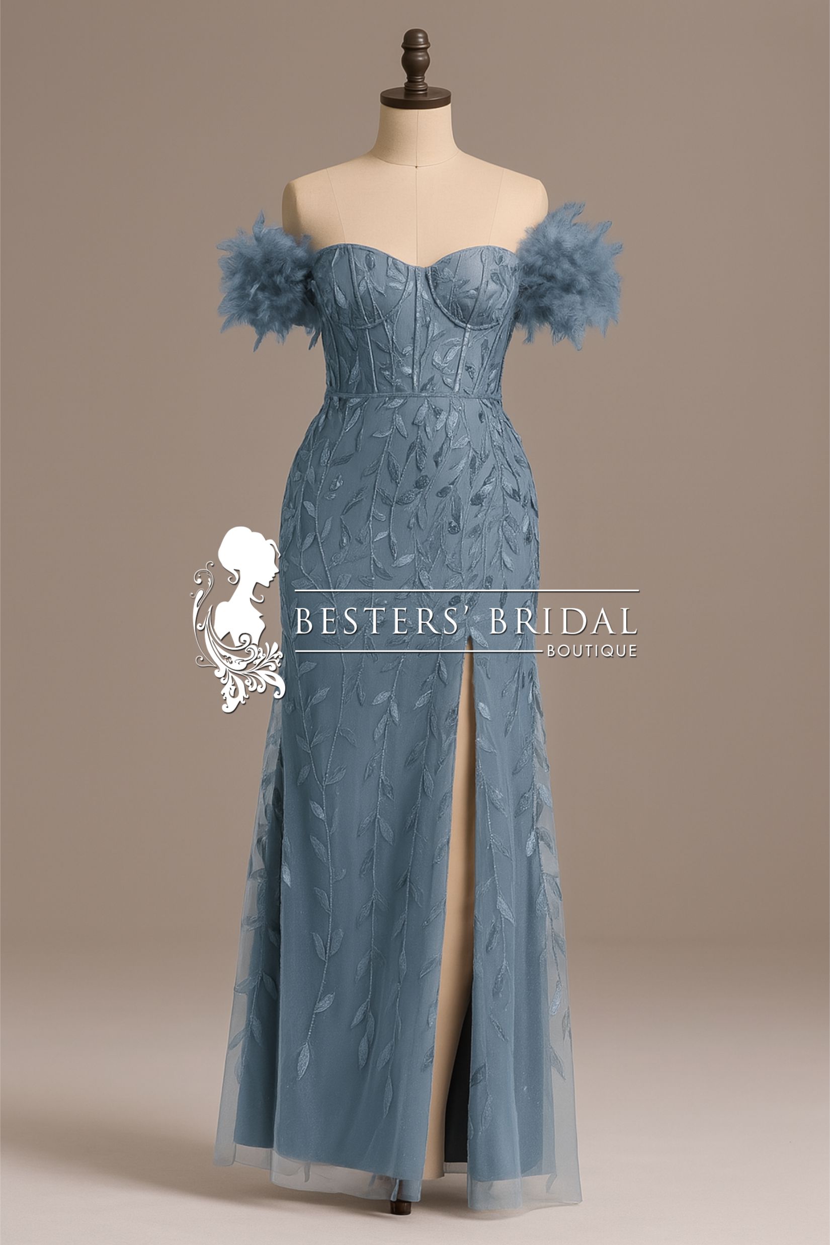 Off-Shoulder Feather Sleeve A-Line High Split Backless Sequin Formal Dress