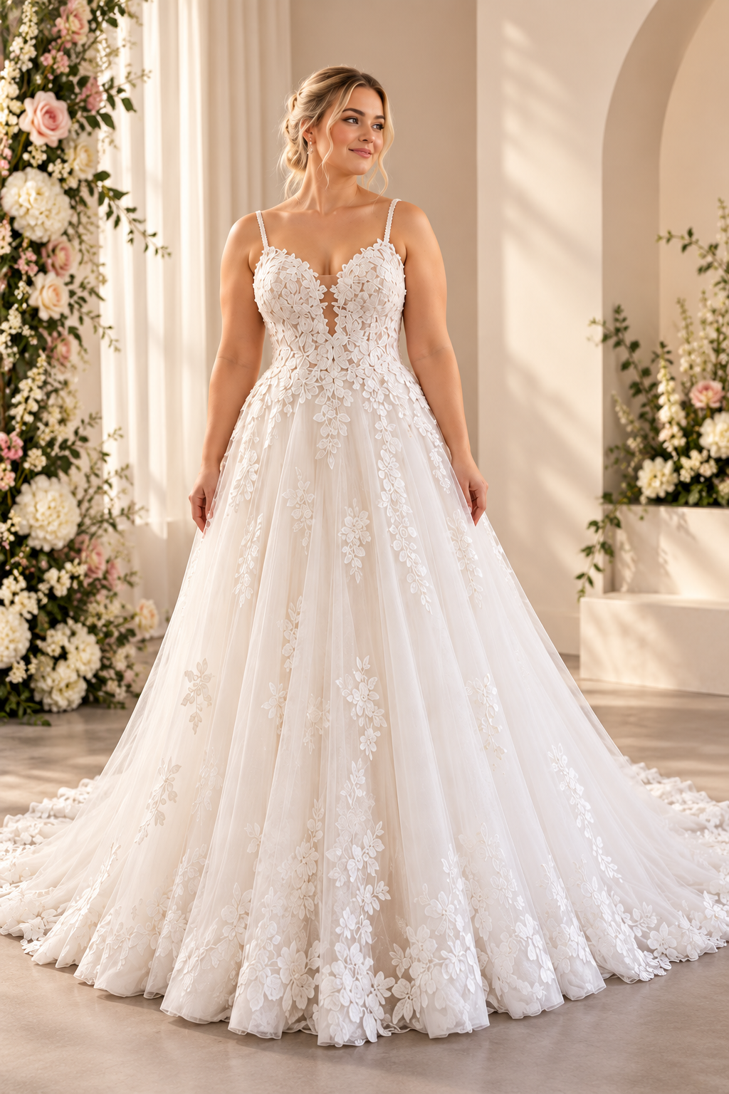 URSULA Elegant fitted crepe gown with a lace sweetheart bodice, flattering ruching, thigh-high slit and graceful train.