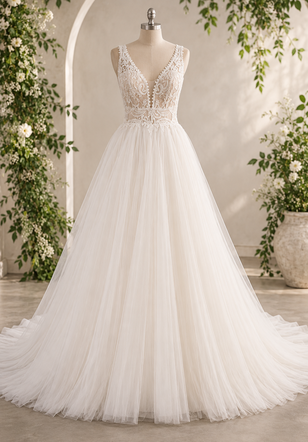 HF4190 Blush & ivory ball gown with a flowing tulle skirt and beautifully detailed lace bodice.