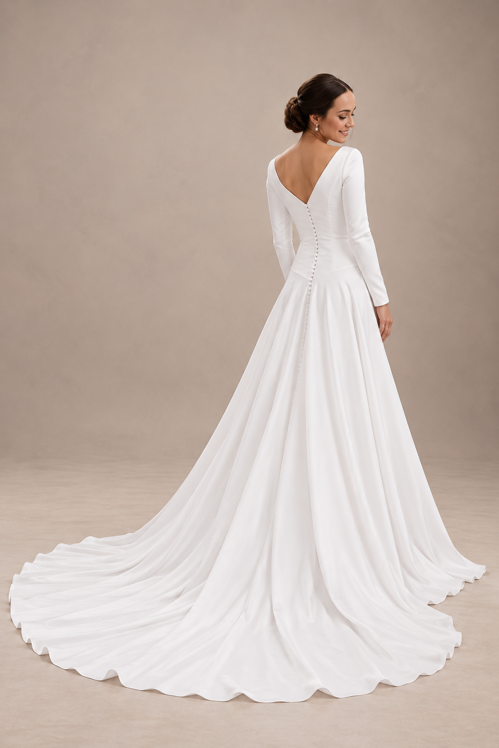 URSULA Elegant fitted crepe gown with a lace sweetheart bodice, flattering ruching, thigh-high slit and graceful train.