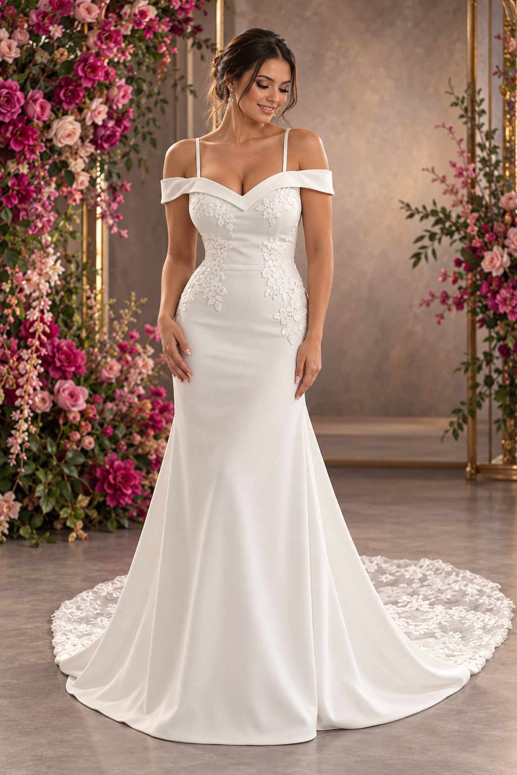 alicia An elegant off-white crepe A-line wedding dress with a softly draped bodice, flutter sleeves and delicate pearl detailing.