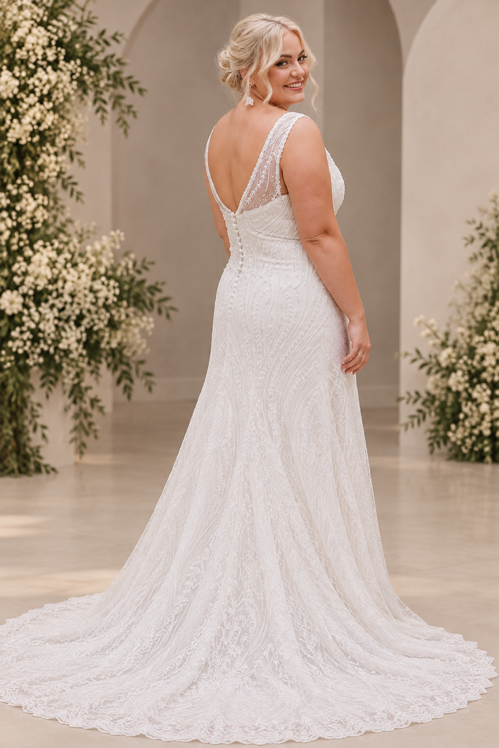 GILLIAN Romantic A-line bridal gown with delicate lace, sheer long sleeves and a beautifully flowing tulle skirt.