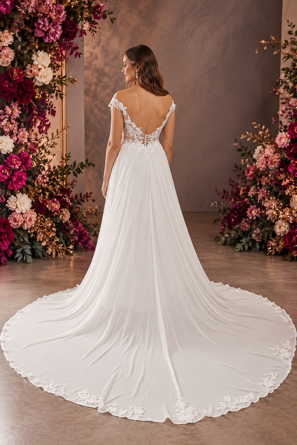 URSULA Elegant fitted crepe gown with a lace sweetheart bodice, flattering ruching, thigh-high slit and graceful train. 