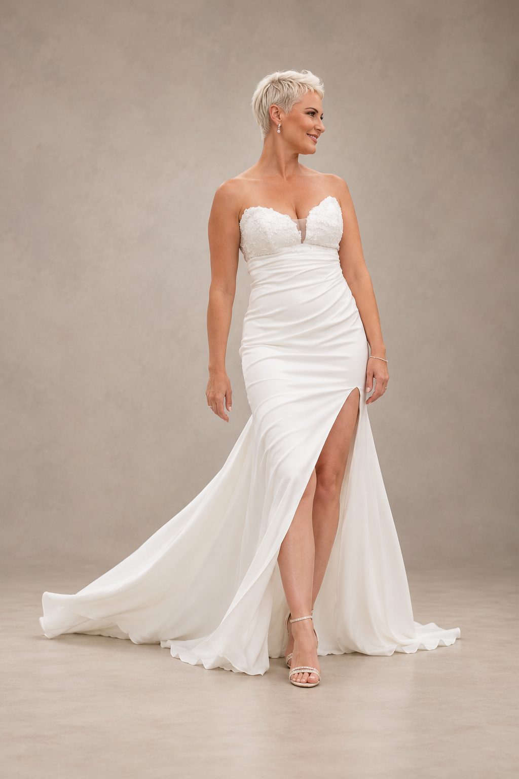 URSULA Elegant fitted crepe gown with a lace sweetheart bodice, flattering ruching, thigh-high slit and graceful train.
