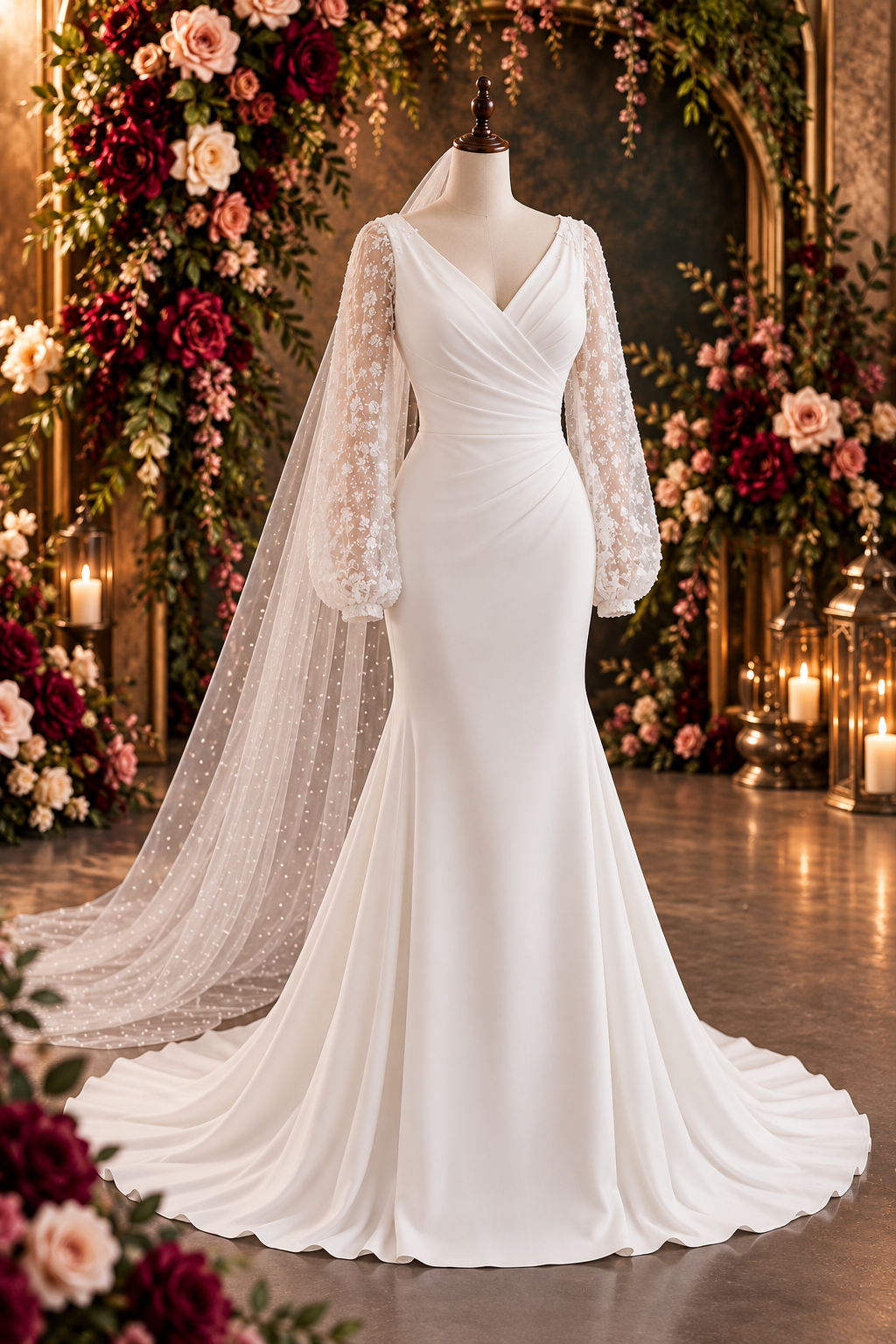 calpurnia Elegant off-white crepe and lace wedding dress with an illusion lace bodice and statement lace train.