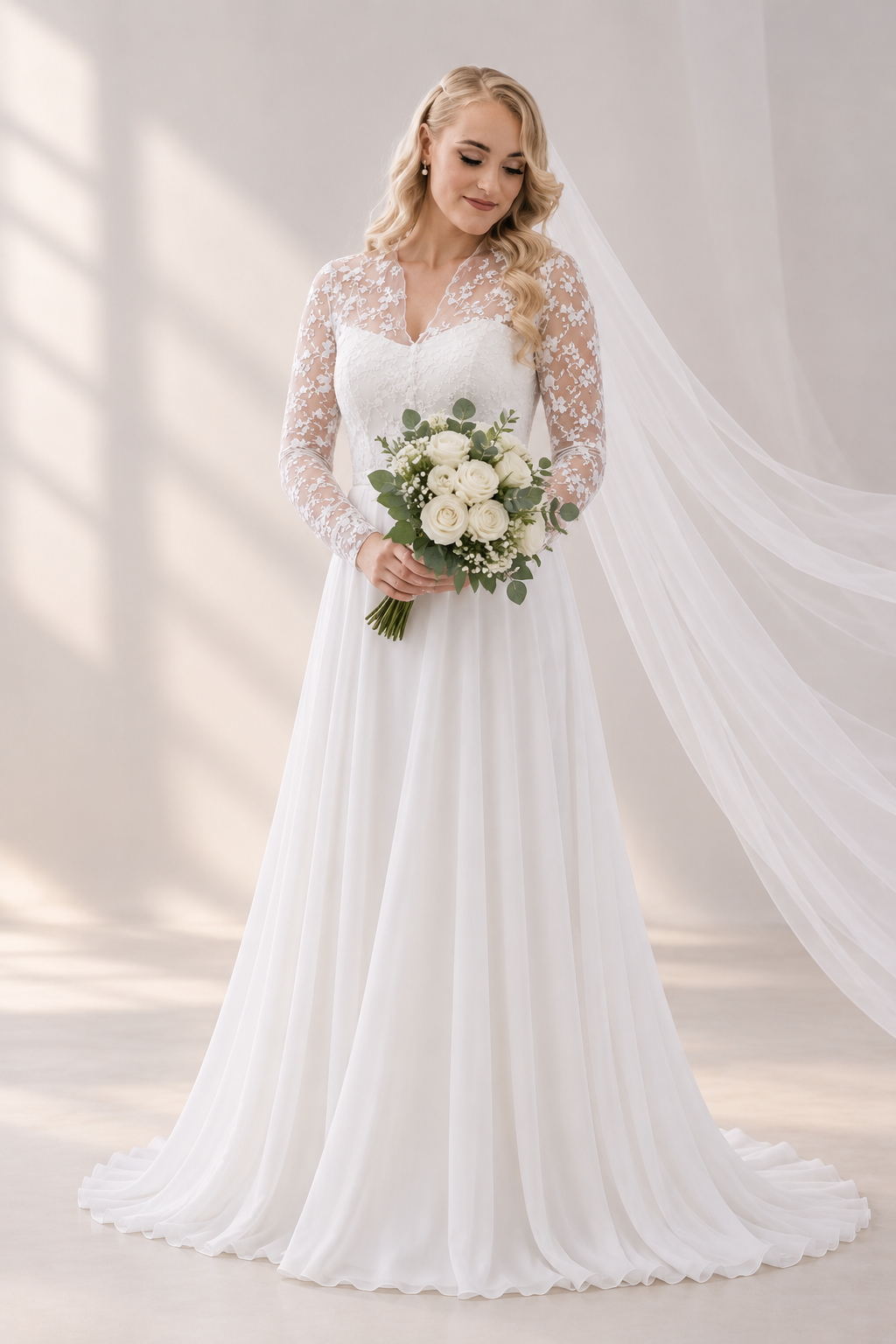 JOLENE A timeless mermaid wedding dress featuring a beautifully detailed lace bodice with a deep illusion V-neckline and delicate beaded straps. The sleek fitted silhouette flows effortlessly into a soft flared skirt and graceful lace-edged train