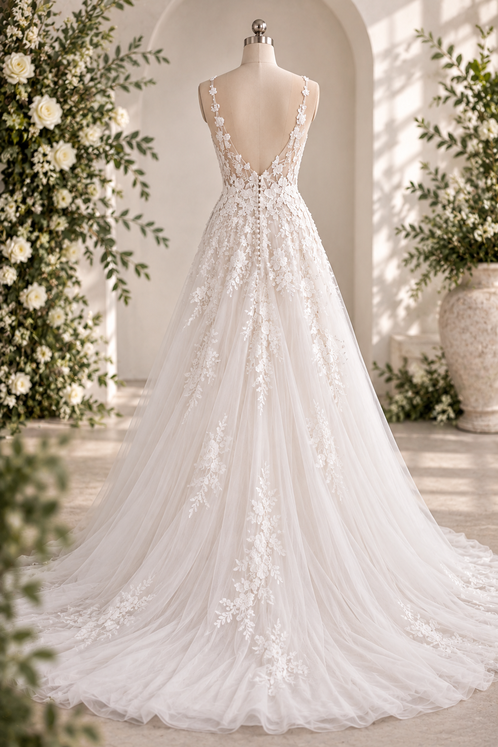 ALICIA-ILSE Romantic Lace & Tulle – A delicate A-line bridal gown with a sheer floral lace bodice, fine lace straps and a soft flowing tulle skirt.